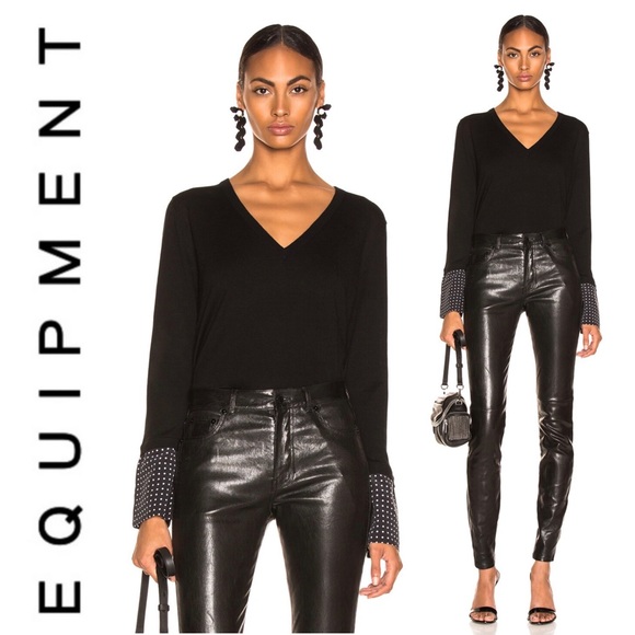 Equipment Ursula V Neck Black Wool Sweater Silk Polkadot Cuffs Small Revolve S - Picture 1 of 15